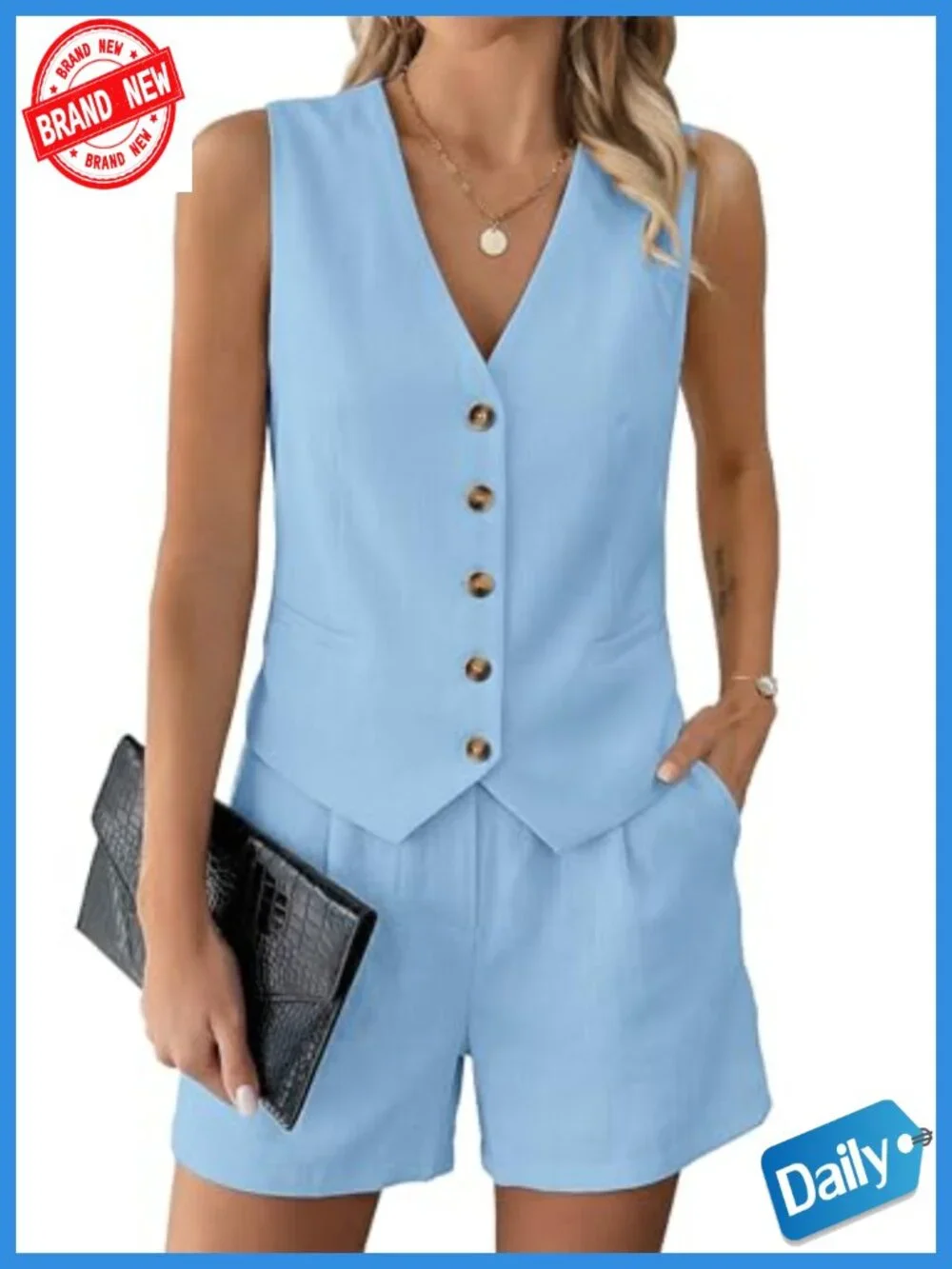Linen-like 2 Piece Short Set with Vest Top & Pockets | Summer Outfit for Women